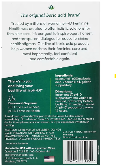pH-D Boric Acid Vaginal Suppositories - 14 count